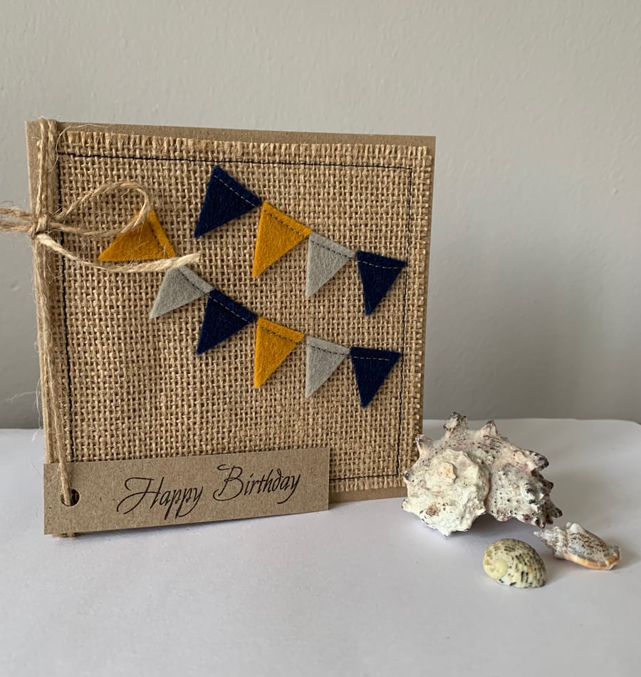 Birthday Card. Multi coloured bunting. Wool felt. Handmade card.