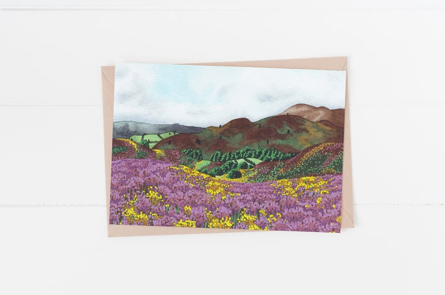 heather hills watercolour landscape card