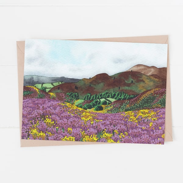 heather hills watercolour landscape card