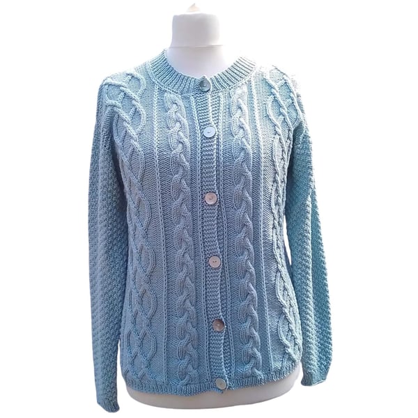Hand Knitted Ladies Cardigan, Cable Design, Merino Wool, Sizes S-XXXL 
