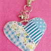 Handmade Fabric Patchwork Heart Keyring Bag Charm Blue