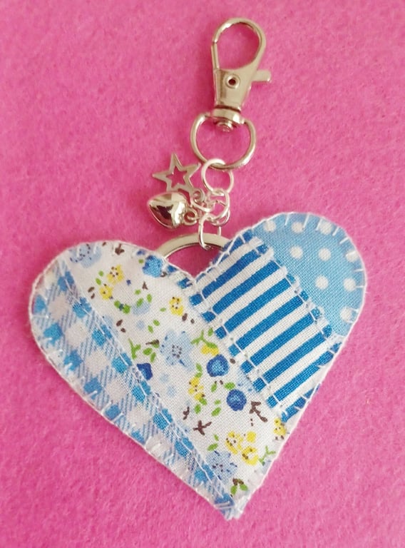 Handmade Fabric Patchwork Heart Keyring Bag Charm Blue