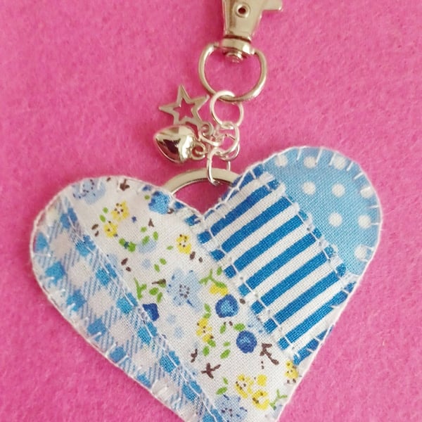 Handmade Fabric Patchwork Heart Keyring Bag Charm Blue