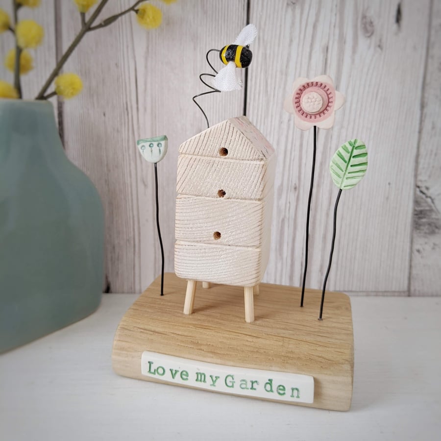 Wooden Beehive With Clay Flower Garden and Bee 'Love my Garden'