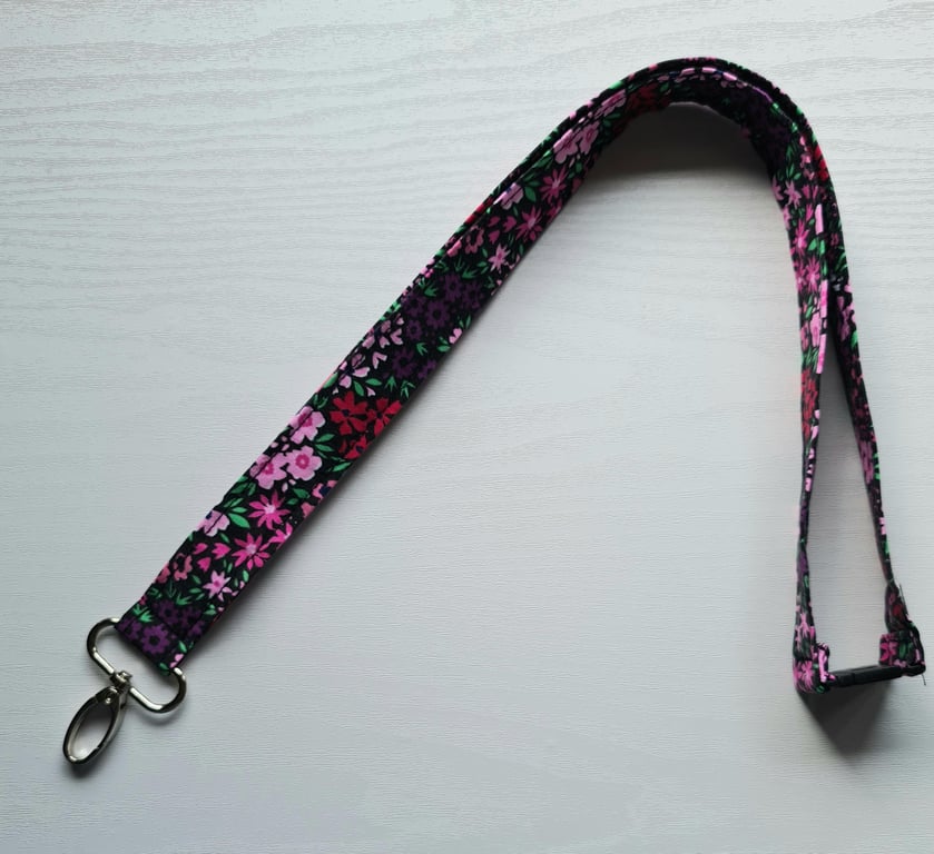 Handmade Floral Lanyard Purple Pink Cotton, Breakaway Safety Catch