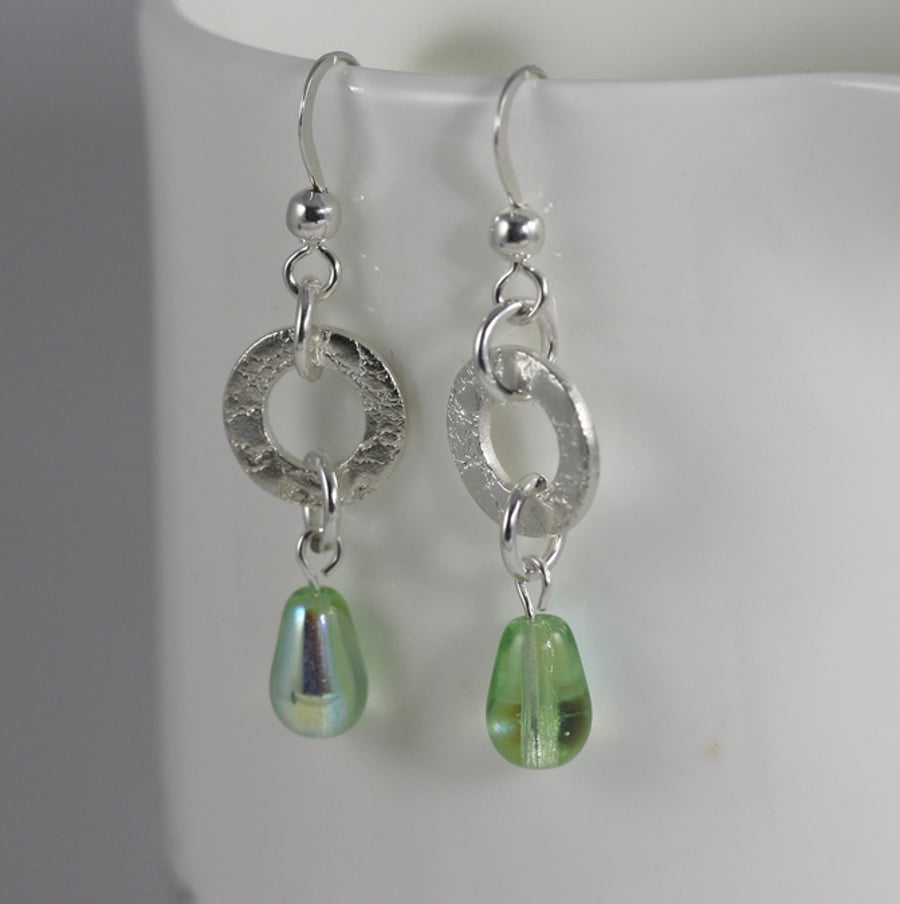 Silver Hoop Drop Earrings, Green Earrings, Handmade silver earrings