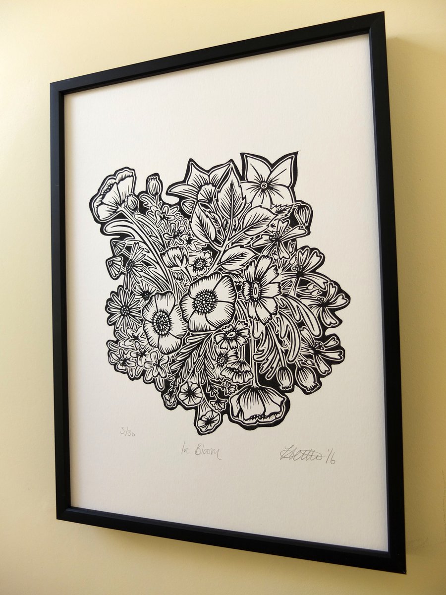 "In Bloom" Flowers Floral Black Lino Print 