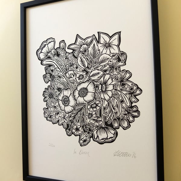 "In Bloom" Flowers Floral Black Lino Print 