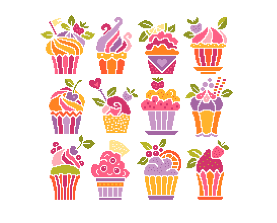 278 Cross Stitch Birthday Tea Party Colourful Cup Cakes (PDF counted chart)