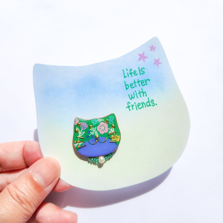 Hand-painted Cat Brooch with hand-coloured card