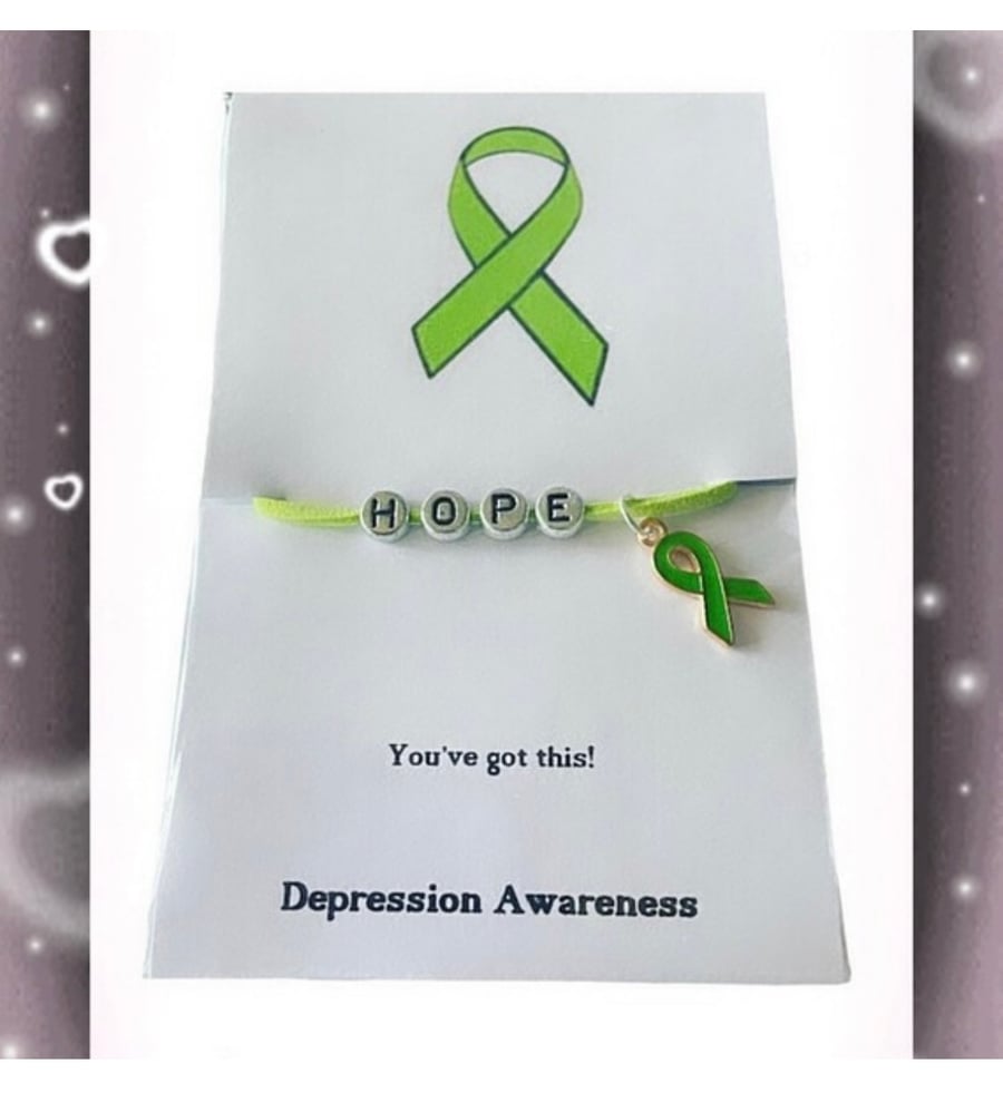 Hope depression awareness green corded ribbon charm bracelet gift 