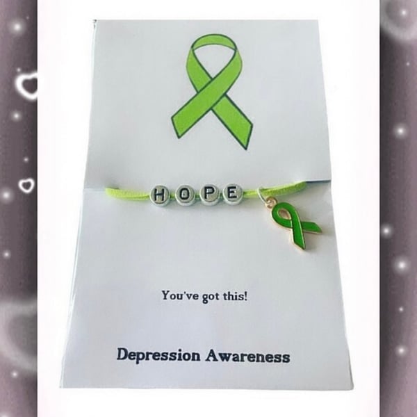 Hope depression awareness green corded ribbon charm bracelet gift 