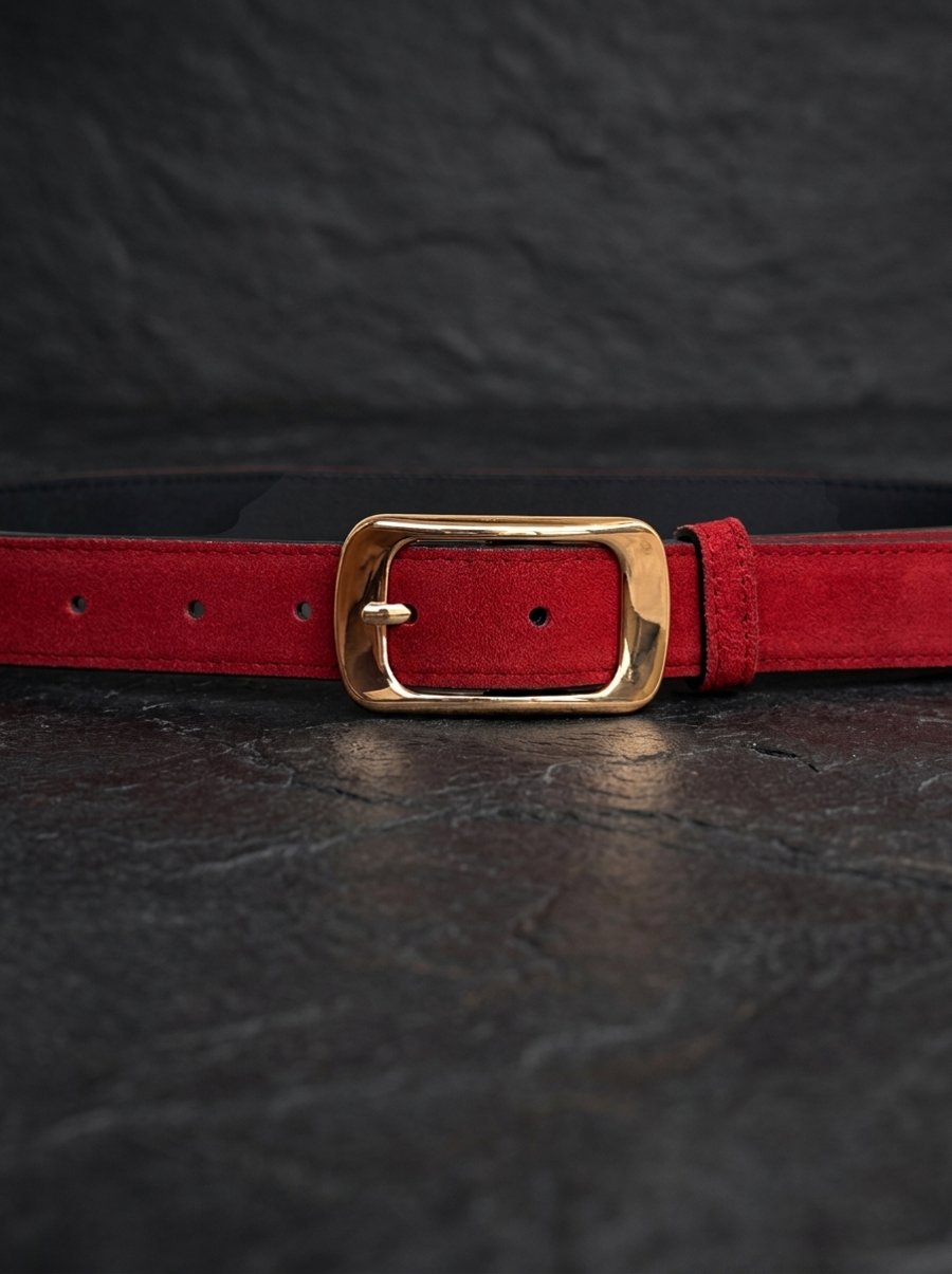 Red Full Grain Suede Belt Gold-Tone Rectangular Buckle Women's Belt 25mm 1 Inch