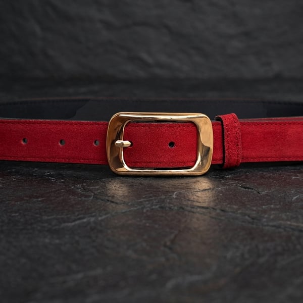 Red Full Grain Suede Belt Gold-Tone Rectangular Buckle Women's Belt 25mm 1 Inch