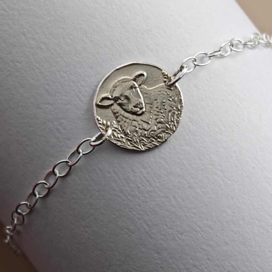 Image of Sheep Engraved Sterling Silver Coin Bracelet