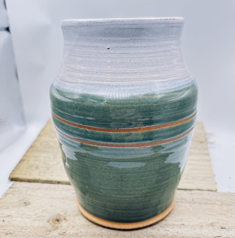 Cut flower vase. Forest green and white. Curvy shape with suitable opening .
