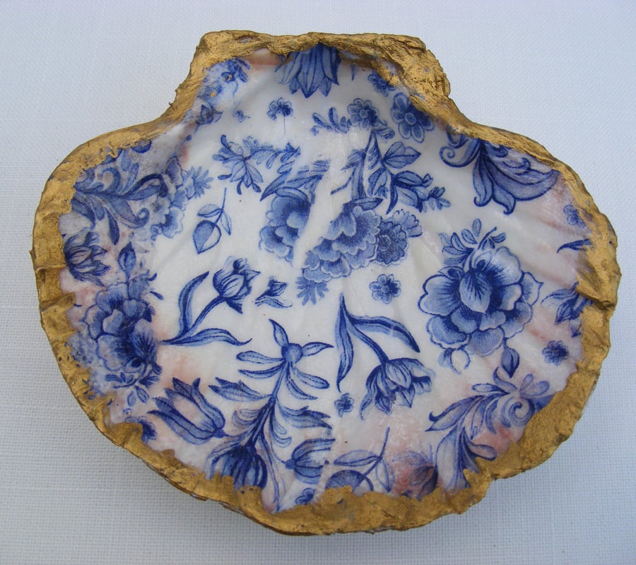 Decoupaged Blue flower scallop shell trinket dish.