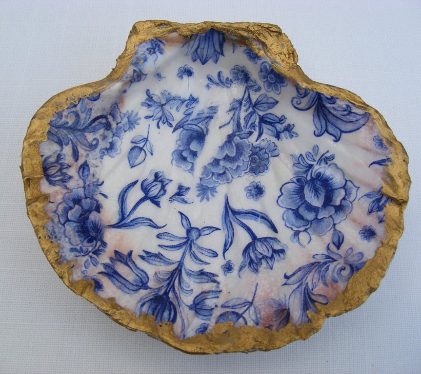 Decoupaged Blue flower scallop shell trinket dish.