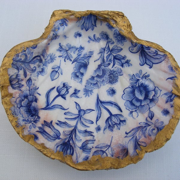 Decoupaged Blue flower scallop shell trinket dish.