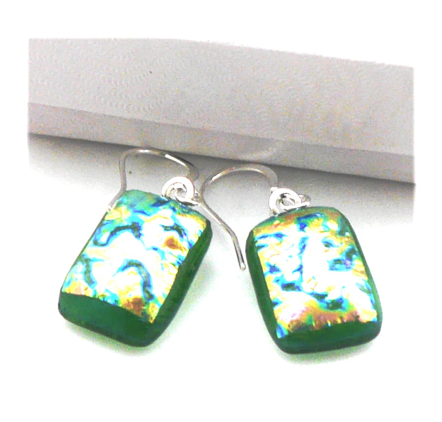 Handmade Fused Dichroic 193 Glass Earrings Green Sparkle