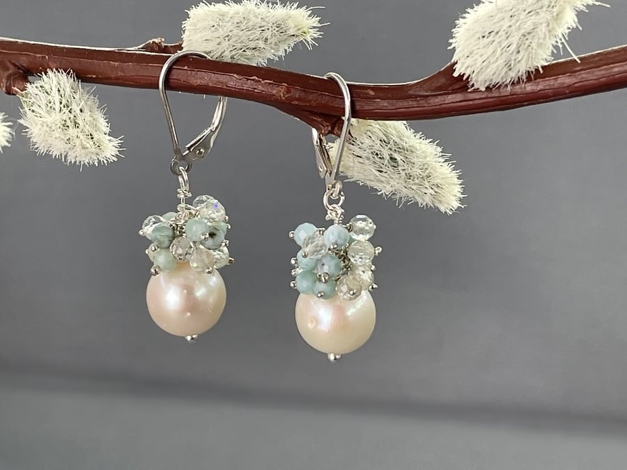  Dainty Cultured Pearl, Larimar & Topaz Cluster Earrings .925 Silver