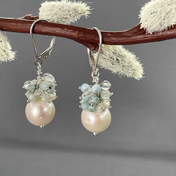  Dainty Cultured Pearl, Larimar & Topaz Cluster Earrings .925 Silver