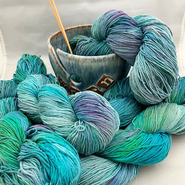 Bourette Silk Yarn Skein, Hand Dyed, Colour: 'Once in a Blue Moon' 100g