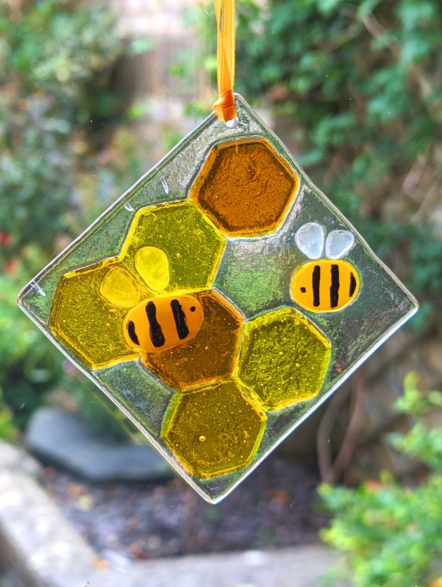 Fused Glass Bumble Bee Honeycomb Suncatcher Hanger