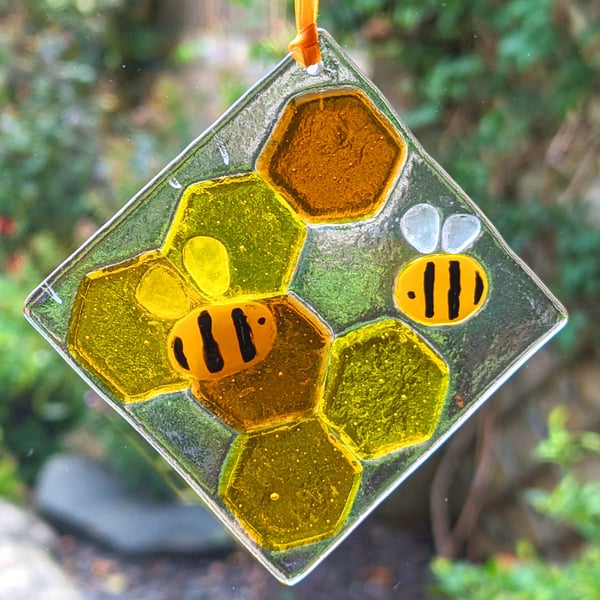 Fused Glass Bumble Bee Honeycomb Suncatcher Hanger