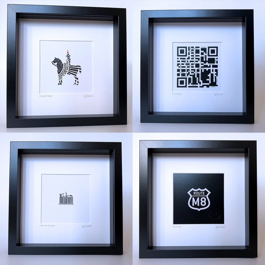 Set of four frames: QR, M8, Barcode Glasgow & Chocolate Cone