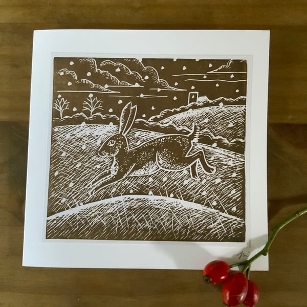 Winter Hare lino print card, a hand printed linocut greeting card