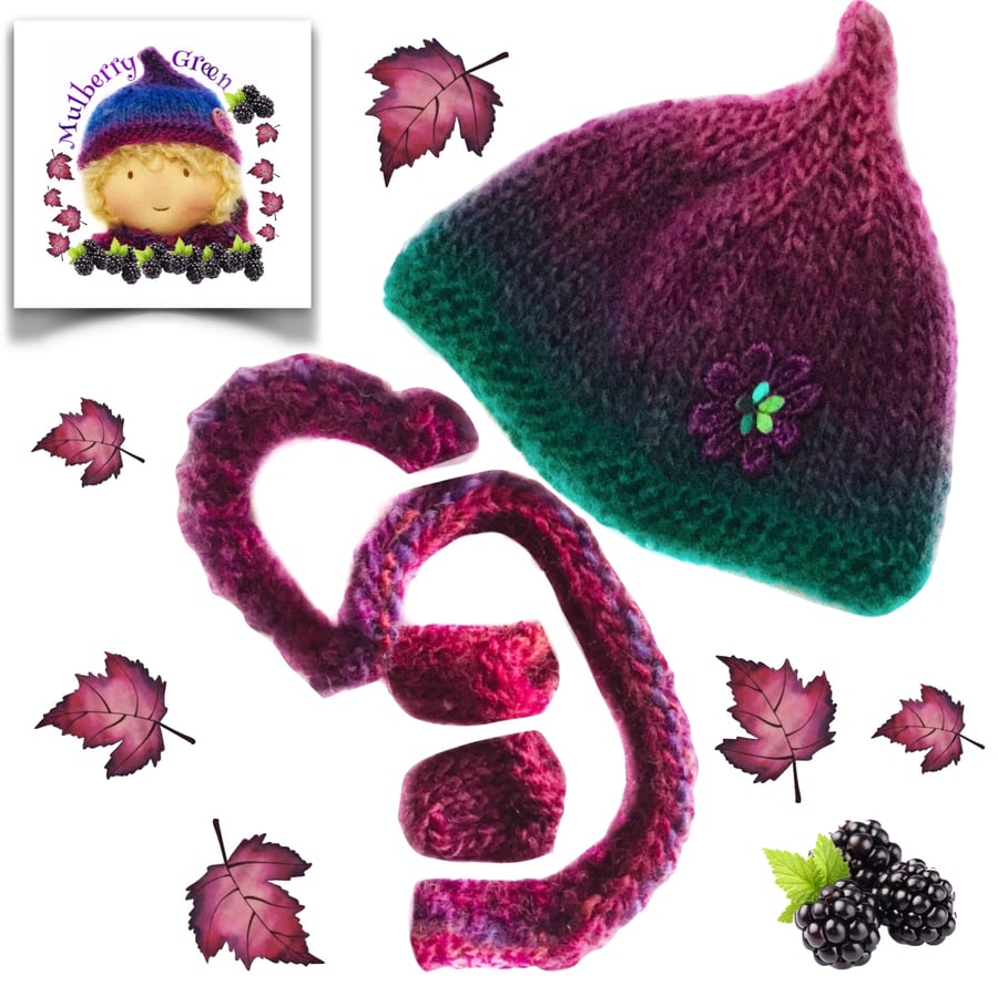 Plum and Turquoise Shaded Hat, Scarf and Mittens Set