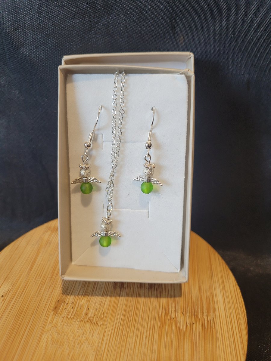 Sterling Silver Mini Angel Necklace and Earring Set - Green Heart Chakra