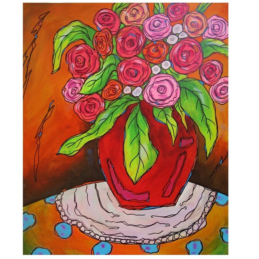 Original Flower Painting Pink Red Roses Large Abstract Floral Art Still Life
