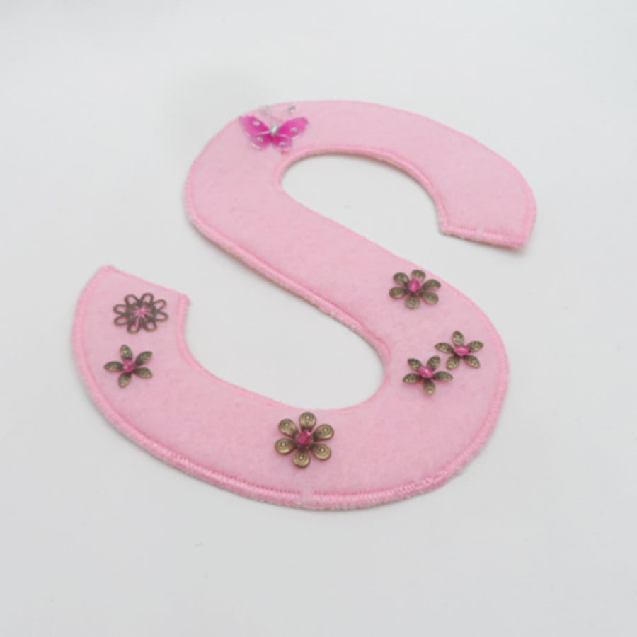 Initial Felt Letter "S", door or wall hanging, pink - REDUCED