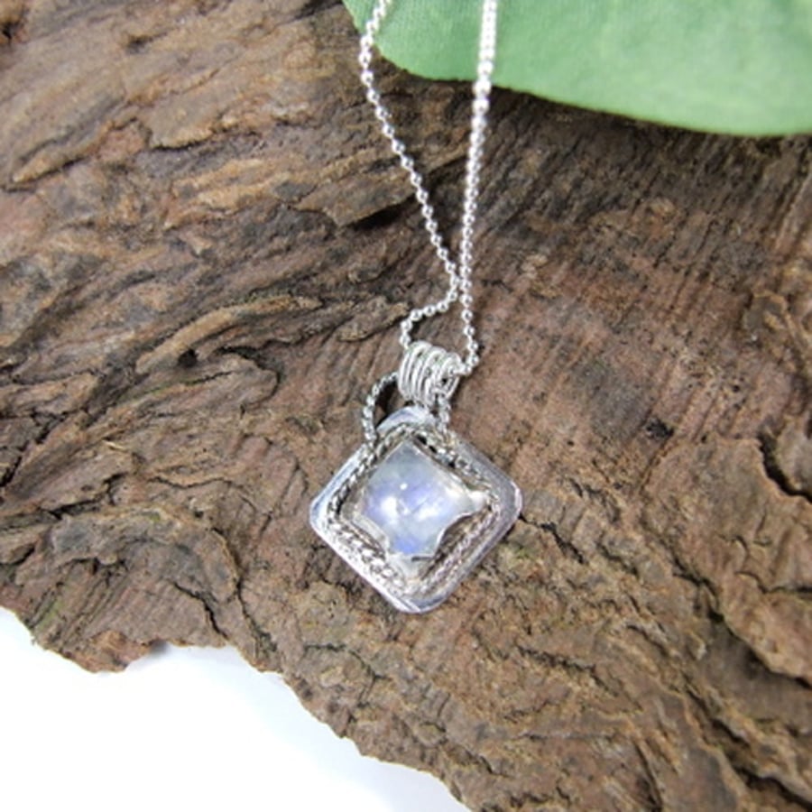 Rainbow Moonstone Necklace, Sterling Silver with Small Bezel Set Gemstone