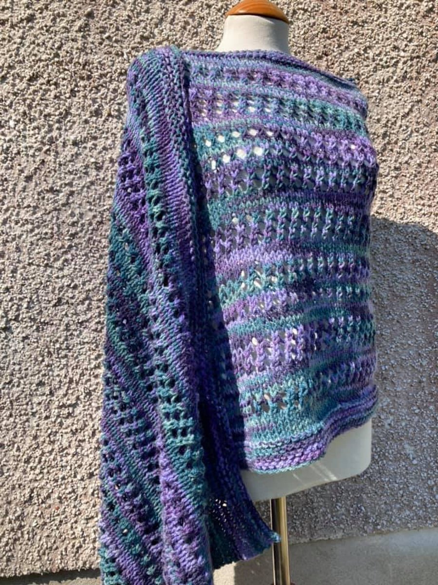 Handknitted Rectangular Lace Wrap in Purples and Mint Greens