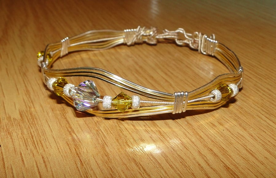 Perfectly Imperfect Wire wrapped bracelet - sparkling clear and yellow crystals