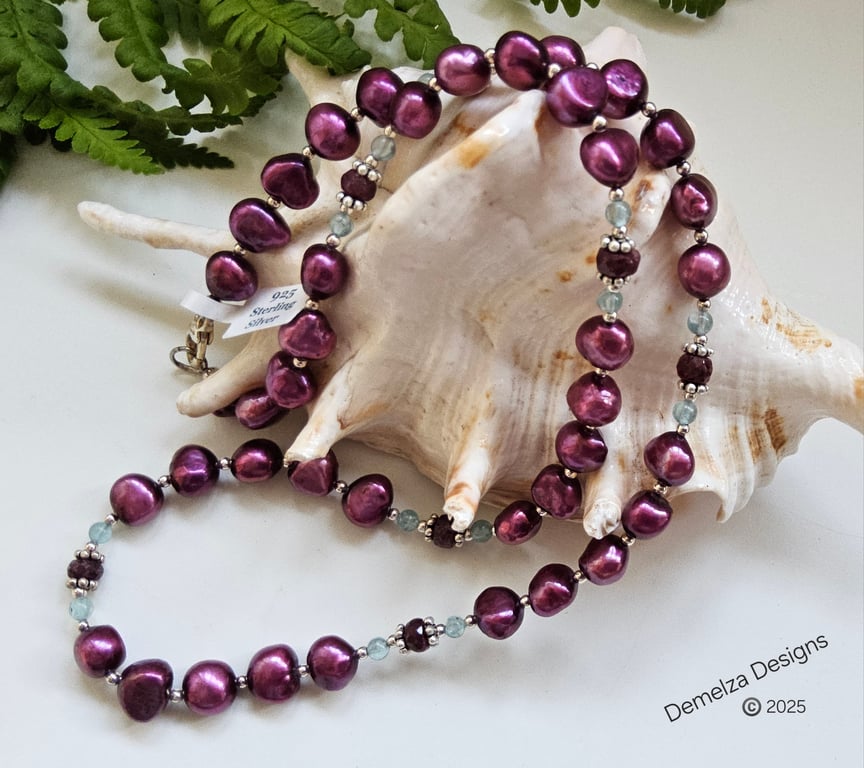Designer Genuine African Ruby, Apatite & Bargue Pearl Sterling Silver Necklace