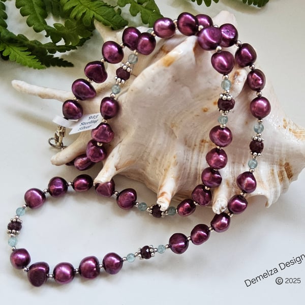 Designer Genuine African Ruby, Apatite & Bargue Pearl Sterling Silver Necklace