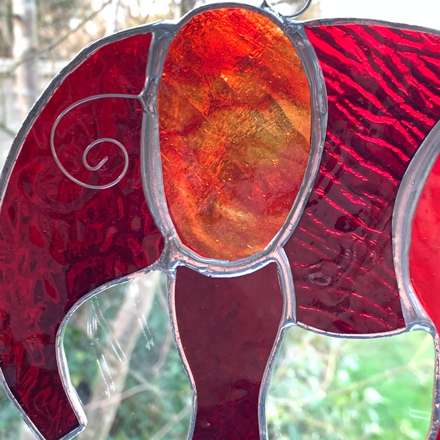 Stained Glass Large Elephant Suncatcher - Handmade Hanging Decoration - Red