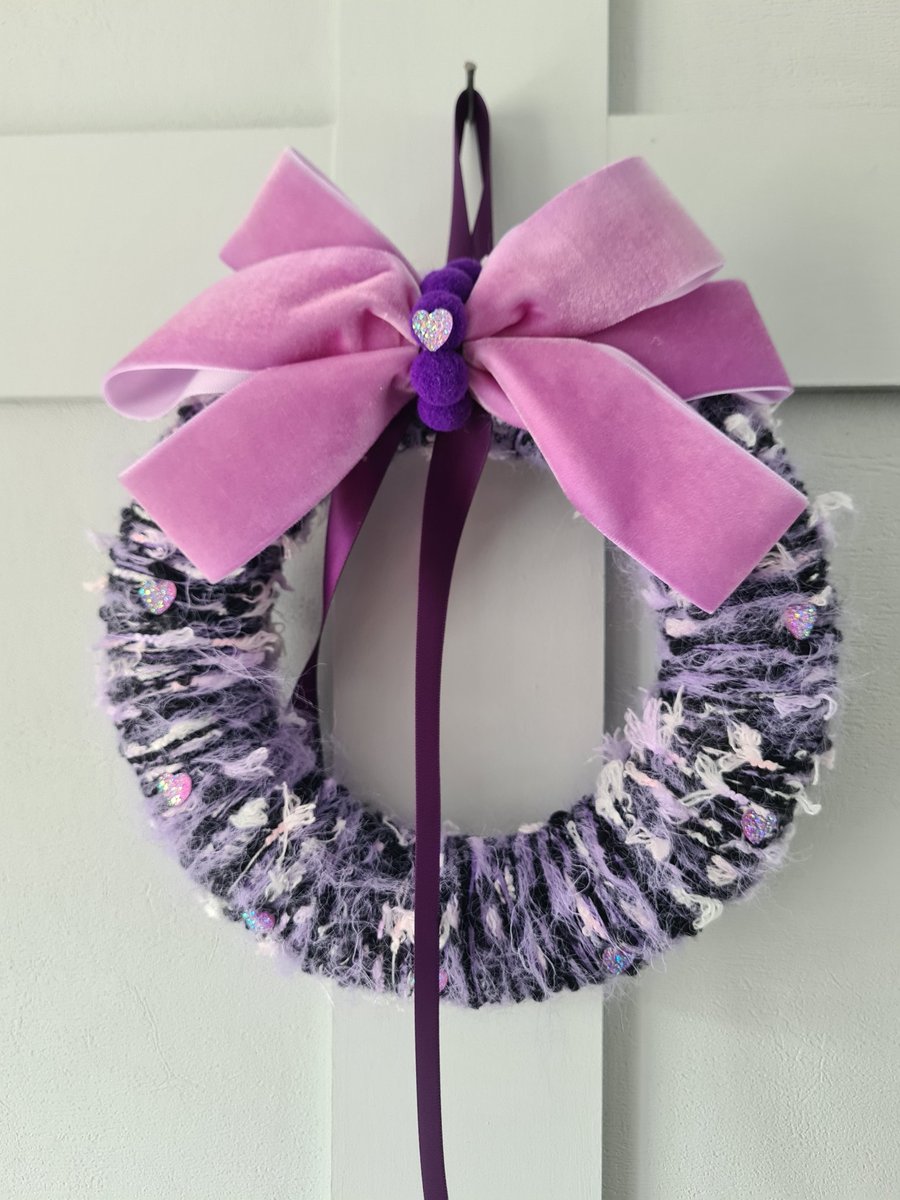 Lilac yarn wrapped wreath with velvet bow