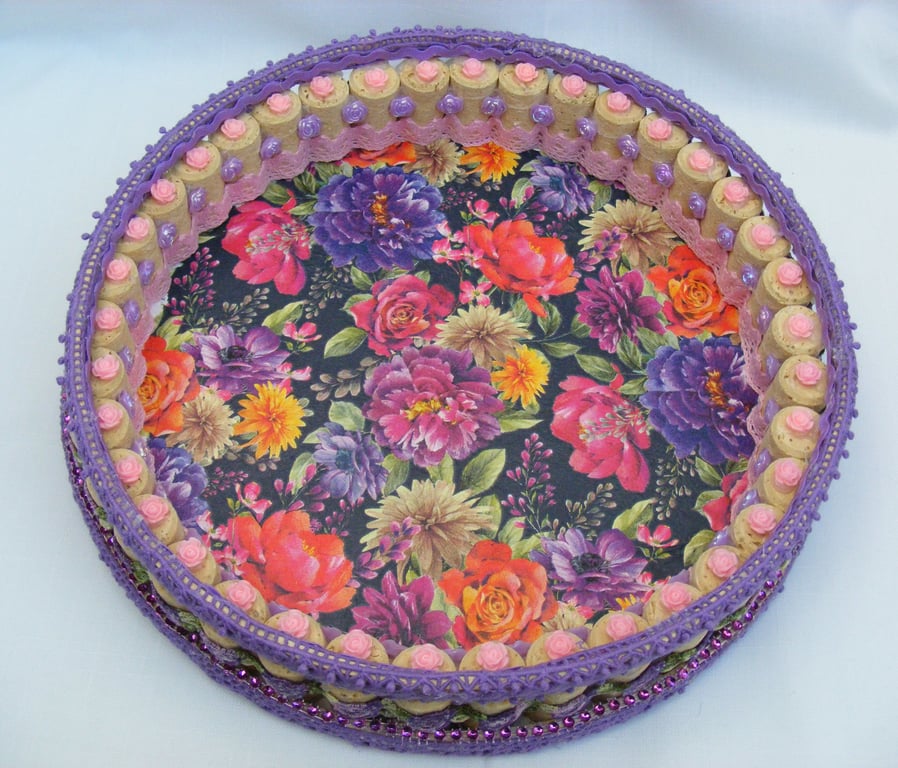 Lilac and pink floral handmade tray