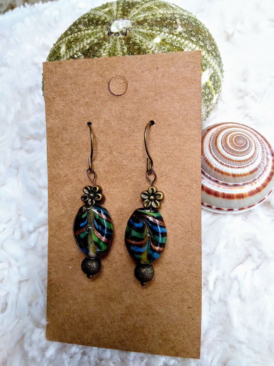 Hand-made feathered LAMPWORK glass and bronze beaded EARRINGS