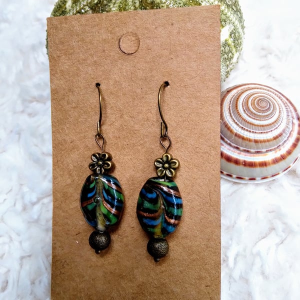 Hand-made feathered LAMPWORK glass and bronze beaded EARRINGS
