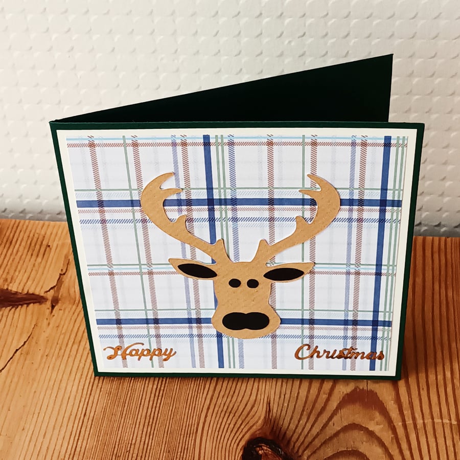 Tartan Stag Christmas Card – White and Blue
