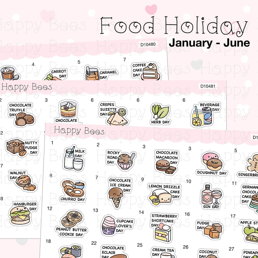 Food Holiday Doodles January to June - Cute Festival Planner Stickers