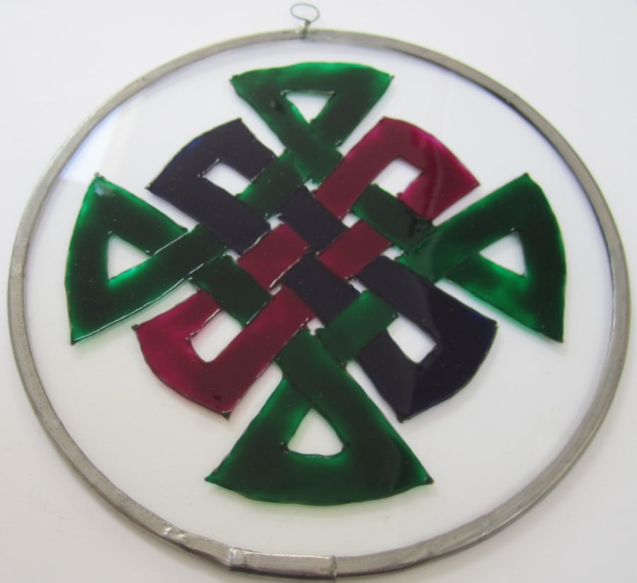 Suncatcher - Celtic knot cross in green, blue and pink - large