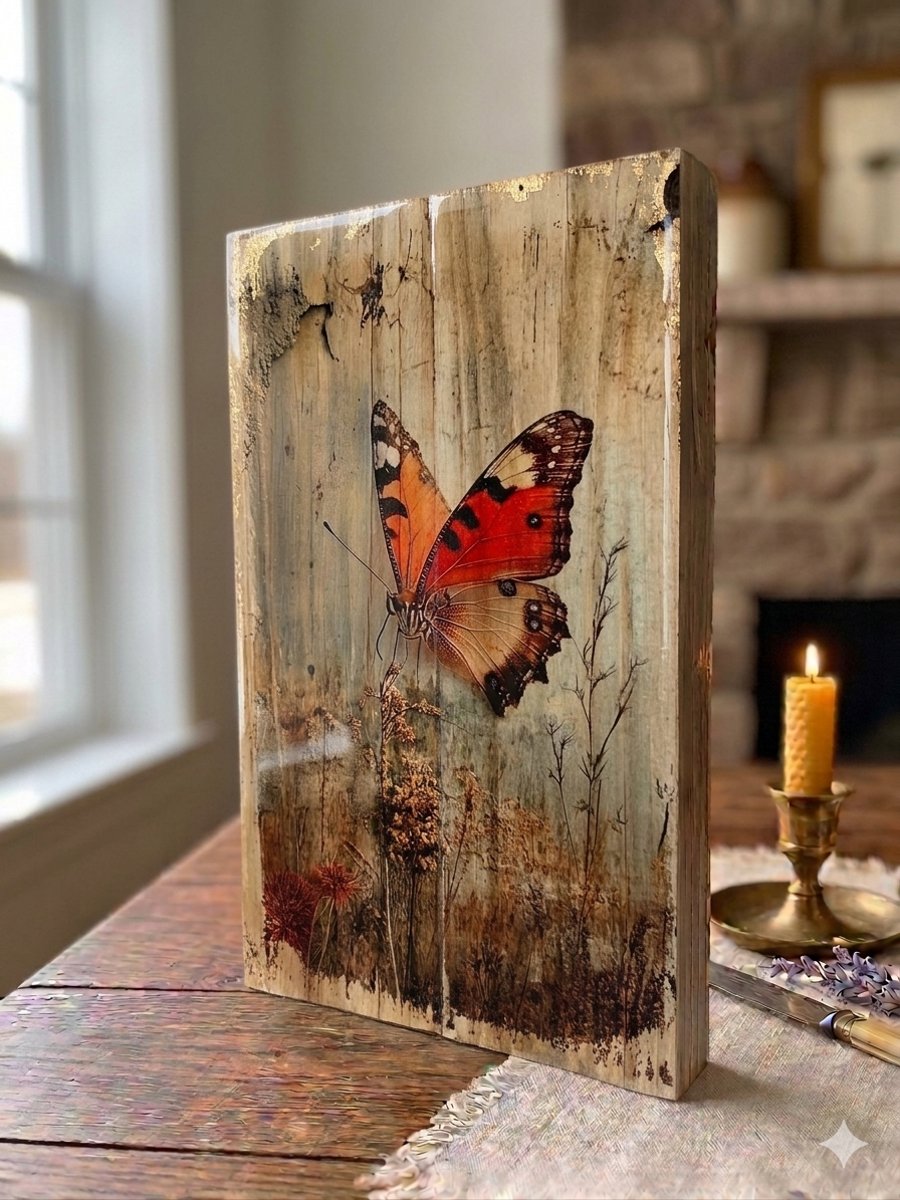 Orange Butterfly Sign, Vintage Rustic Butterfly Wall Art, Weathered Wood Block