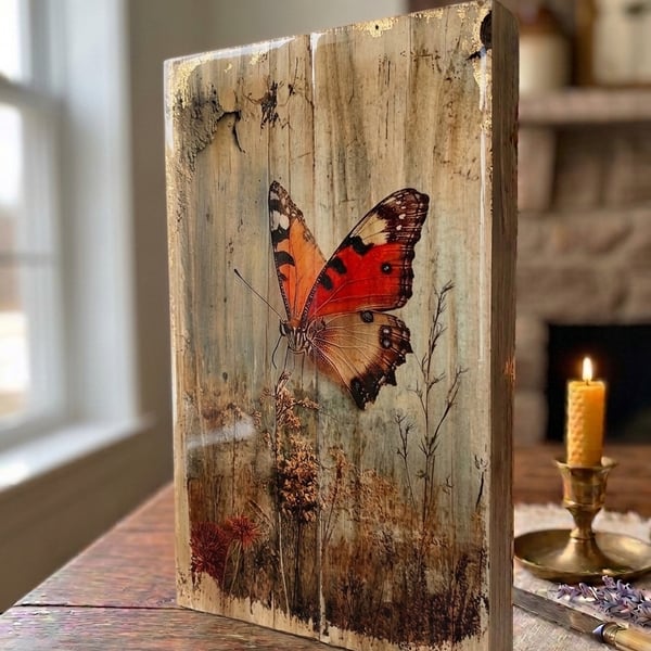 Orange Butterfly Sign, Vintage Rustic Butterfly Wall Art, Weathered Wood Block